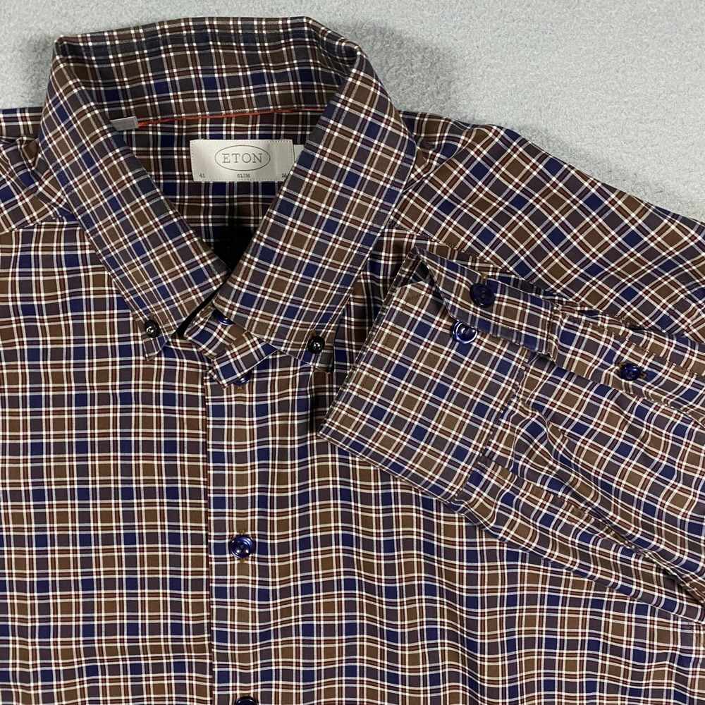 Eton Button Down Shirt Mens 16 Slim Brown Blue Multi Check Plaid Cotton York